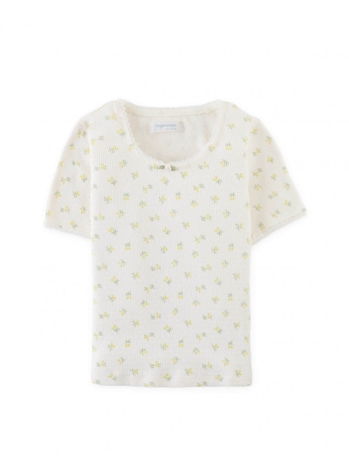 Flower Print Ribbed Crop Top with Set-in Lace and Rosette