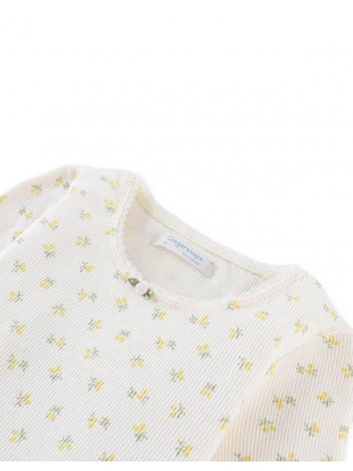 Flower Print Ribbed Crop Top with Set-in Lace and Rosette