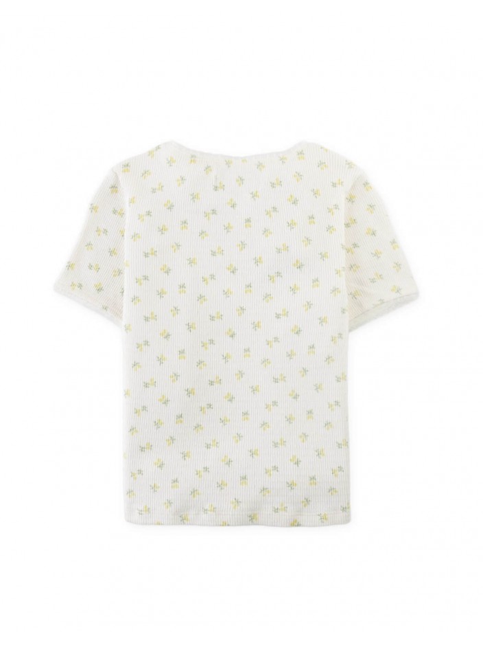 Flower Print Ribbed Crop Top with Set-in Lace and Rosette