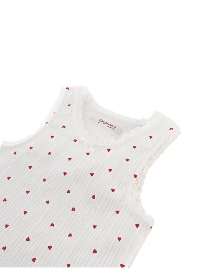 Ribbed Tank Top with Lace, Lettuce Edge & Rosette Appliqué