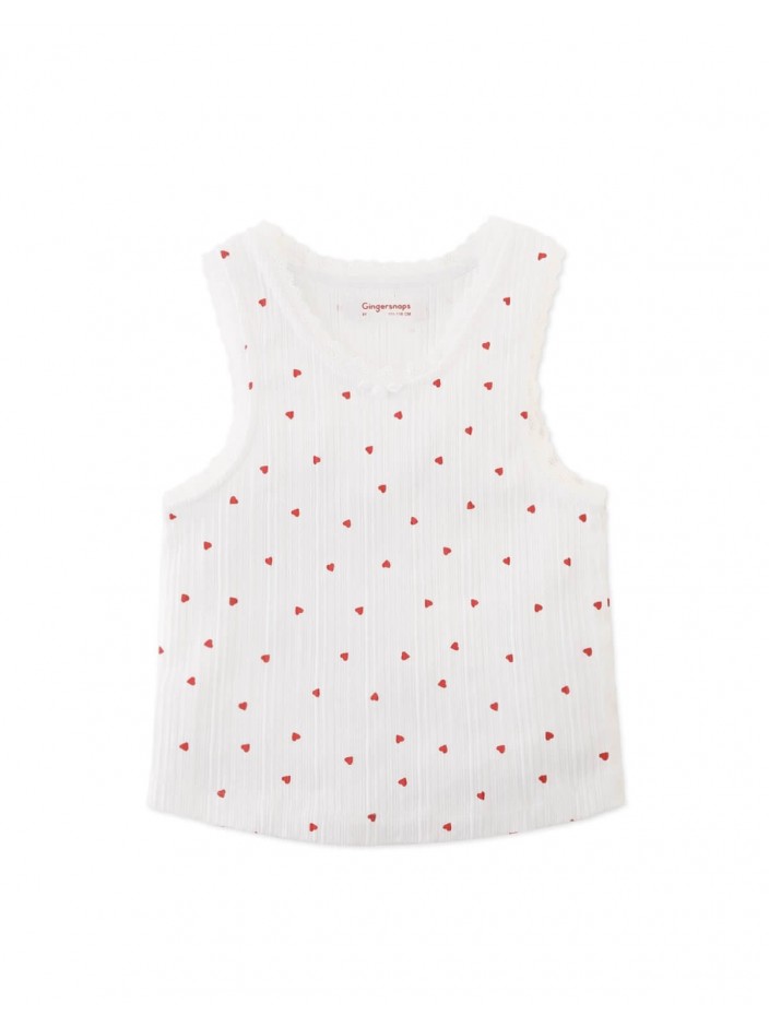 Ribbed Tank Top with Lace, Lettuce Edge & Rosette Appliqué