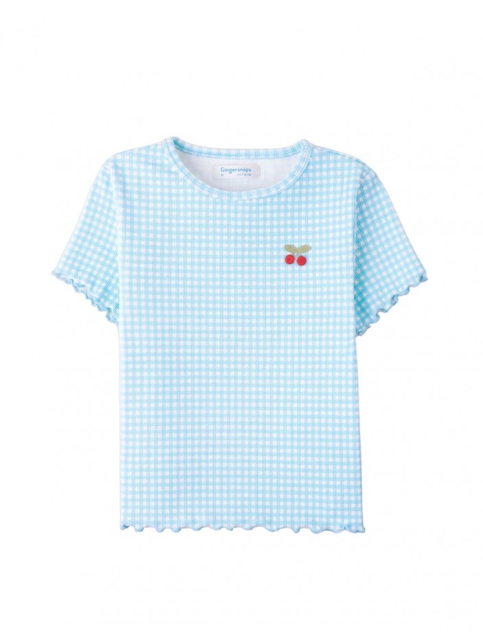 All-Over Blue Gingham Blouse with Cherry Appliqué