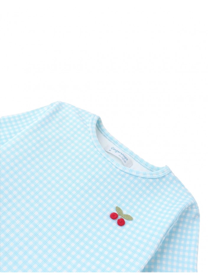 All-Over Blue Gingham Blouse with Cherry Appliqué