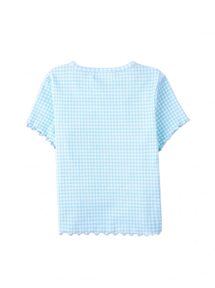 All-Over Blue Gingham Blouse with Cherry Appliqué