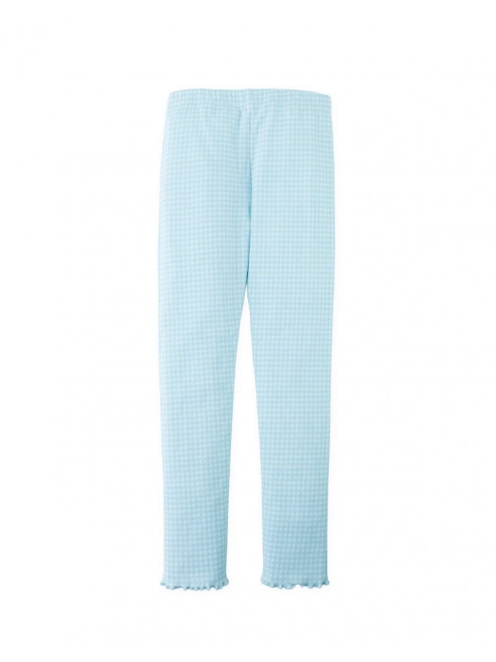 Fitted Leggings with All-Over Blue Gingham Print and Lettuce-Edge Hem