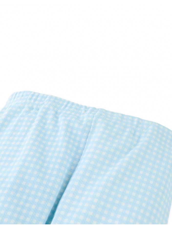 Fitted Leggings with All-Over Blue Gingham Print and Lettuce-Edge Hem