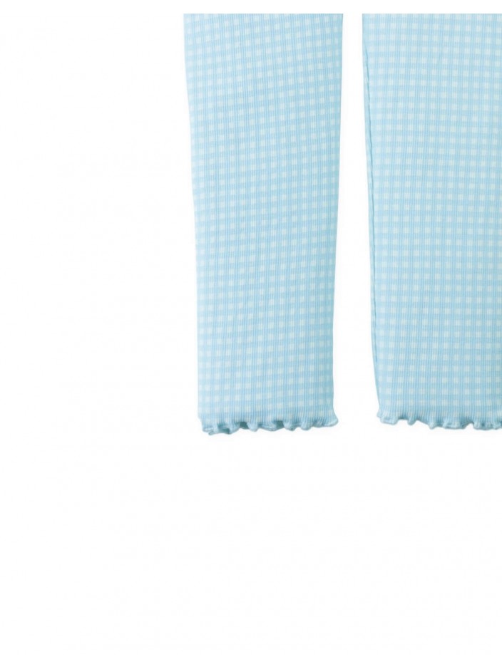 Fitted Leggings with All-Over Blue Gingham Print and Lettuce-Edge Hem