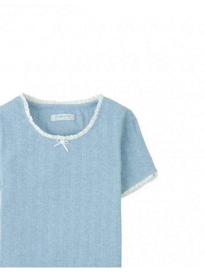 Denim Mélange Ribbed Crop Top with Lace & Rosette Appliqué