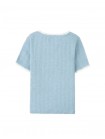 Denim Mélange Ribbed Crop Top with Lace & Rosette Appliqué