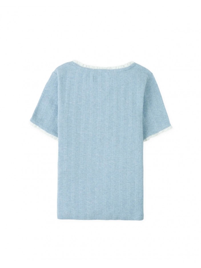 Denim Mélange Ribbed Crop Top with Lace & Rosette Appliqué