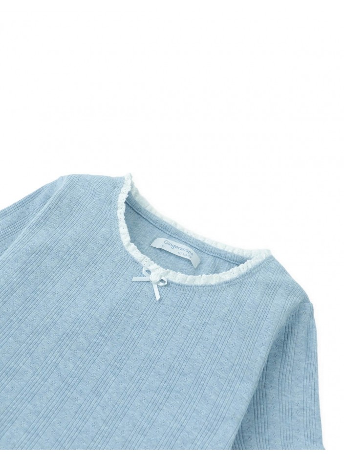 Denim Mélange Ribbed Crop Top with Lace & Rosette Appliqué
