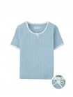 Denim Mélange Ribbed Crop Top with Lace & Rosette Appliqué