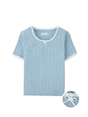 Denim Mélange Ribbed Crop Top with Lace & Rosette Appliqué