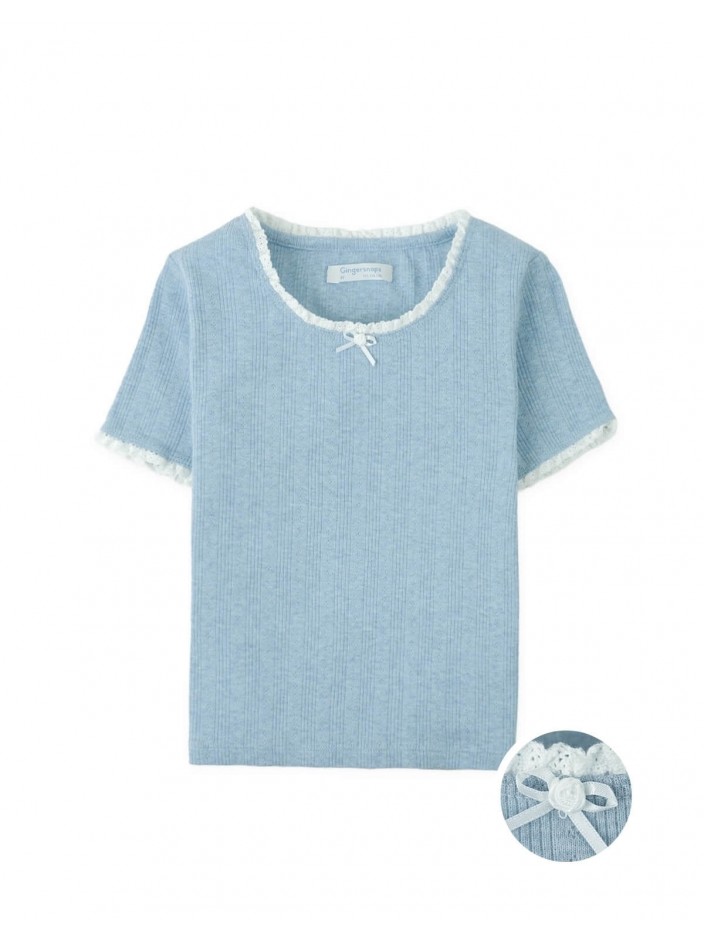 Denim Mélange Ribbed Crop Top with Lace & Rosette Appliqué
