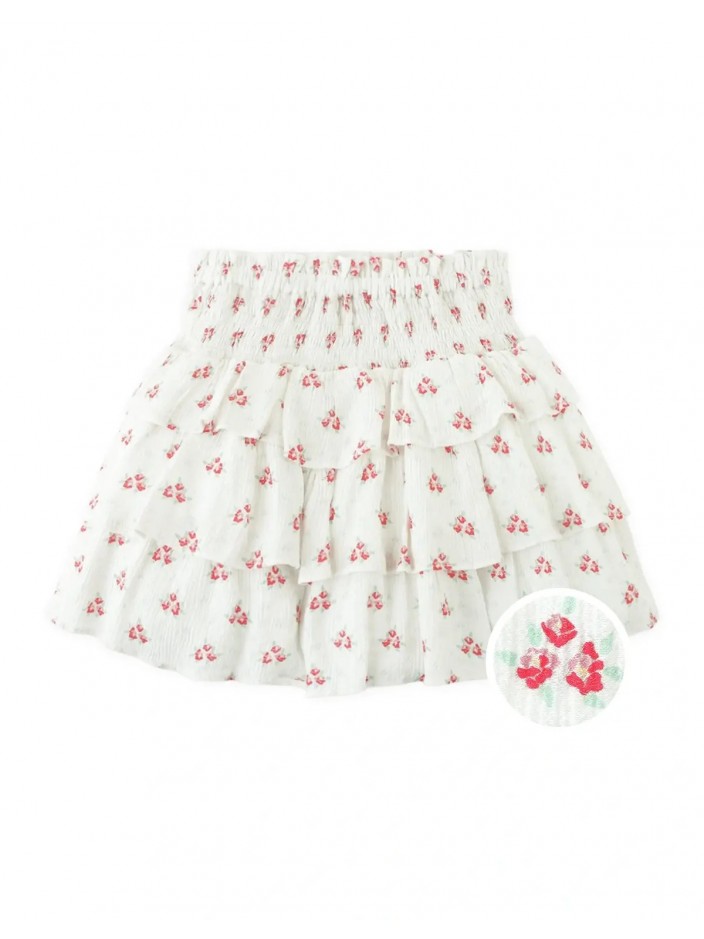 Smocked Waist Viscose Tiered Skort with Ditsy Floral Print