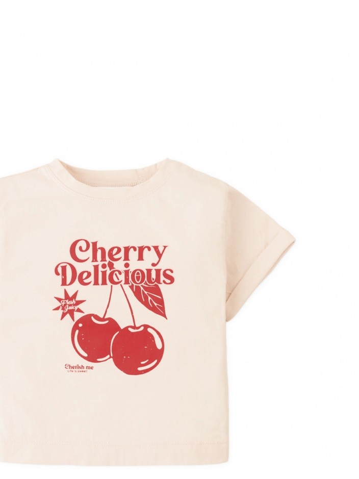 Graphic Tee with Side Slit and Cherry Spot Print