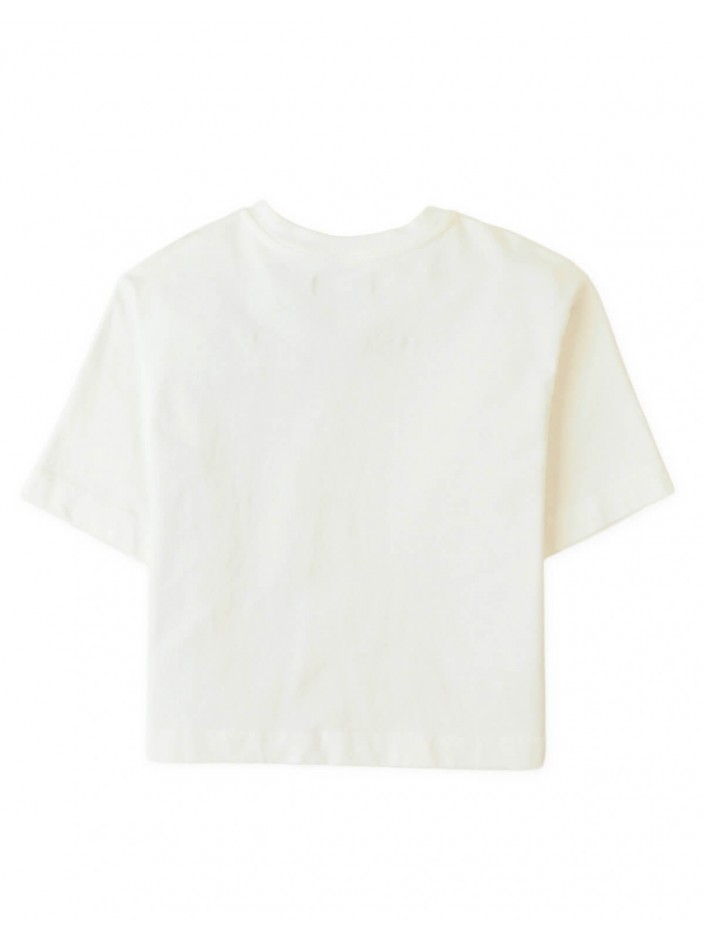 Boxy Tee with Graphic Print and Daisy Crochet Appliqué