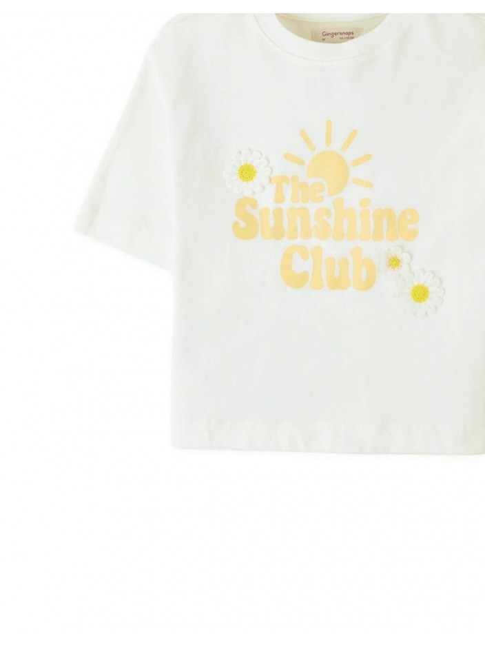 Boxy Tee with Graphic Print and Daisy Crochet Appliqué