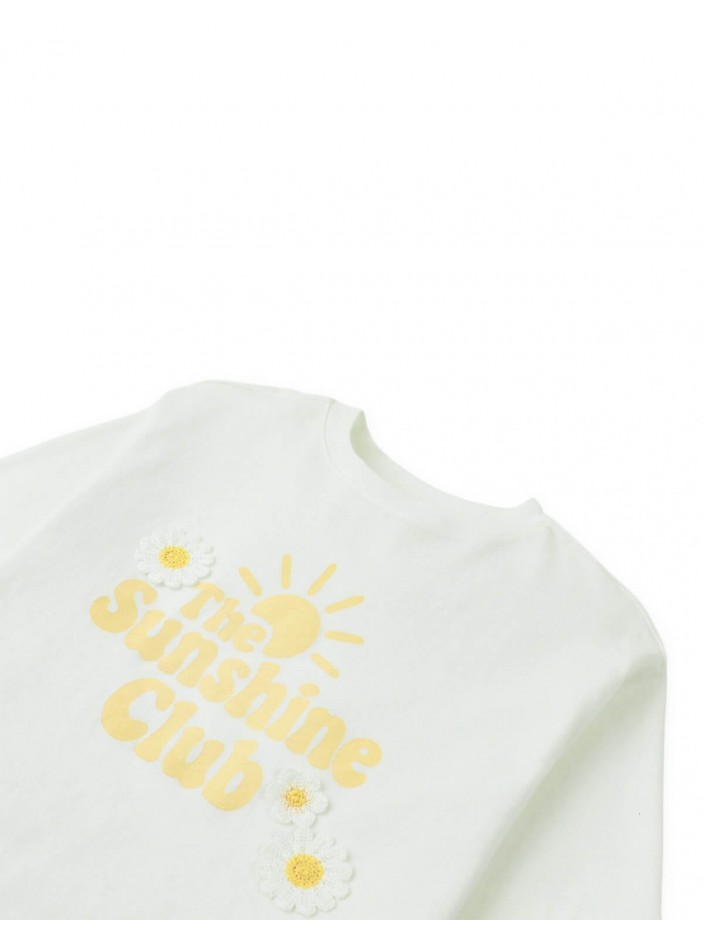 Boxy Tee with Graphic Print and Daisy Crochet Appliqué