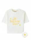 Boxy Tee with Graphic Print and Daisy Crochet Appliqué