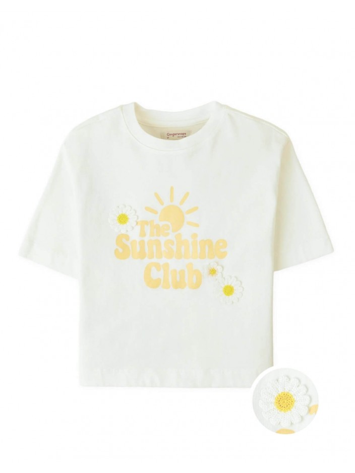 Boxy Tee with Graphic Print and Daisy Crochet Appliqué