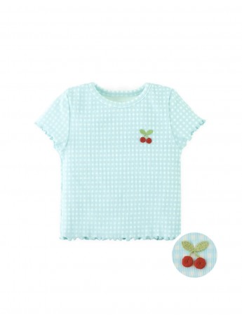 All-Over Blue Gingham Blouse with Cherry Appliqué