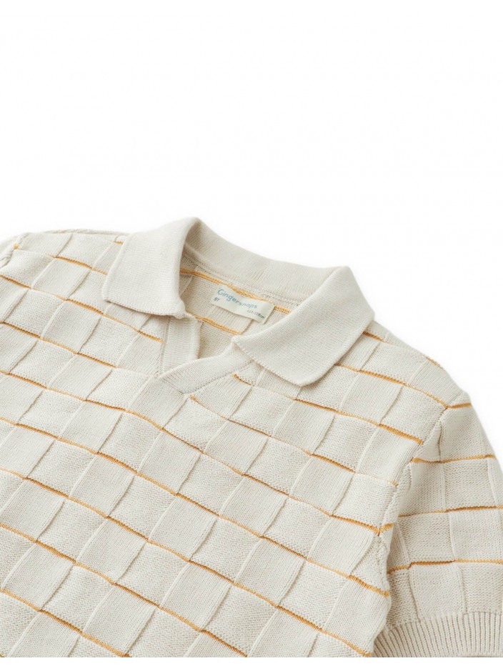 Kai Checkerboard Knit Open-Collar Polo