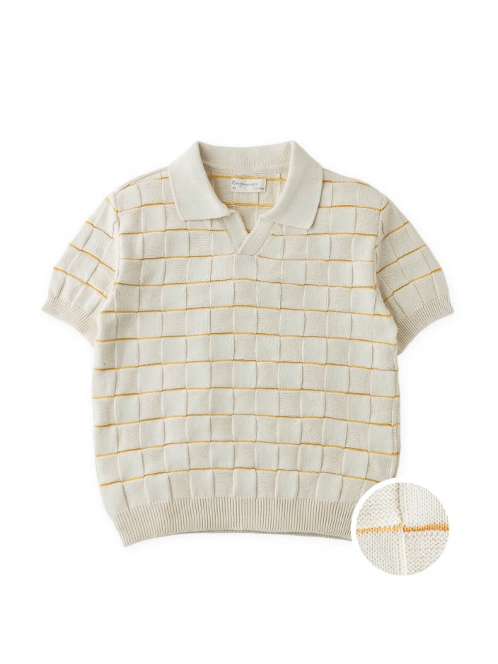 Kai Checkerboard Knit Open-Collar Polo