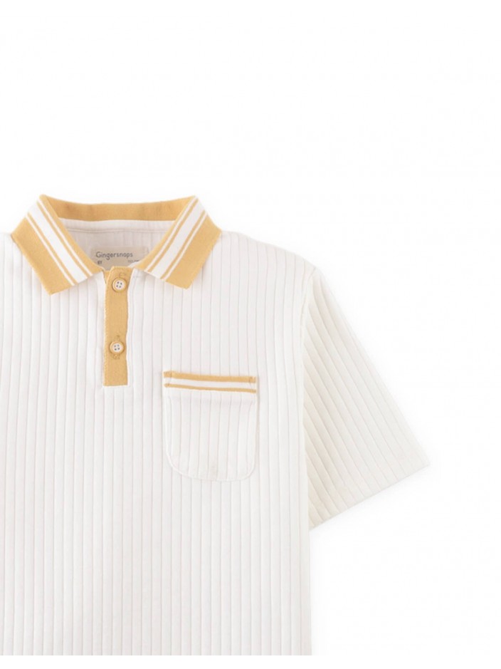 Koa Ribbed Cotton Polo with Contrast Collar Stripes and Patch Pocket