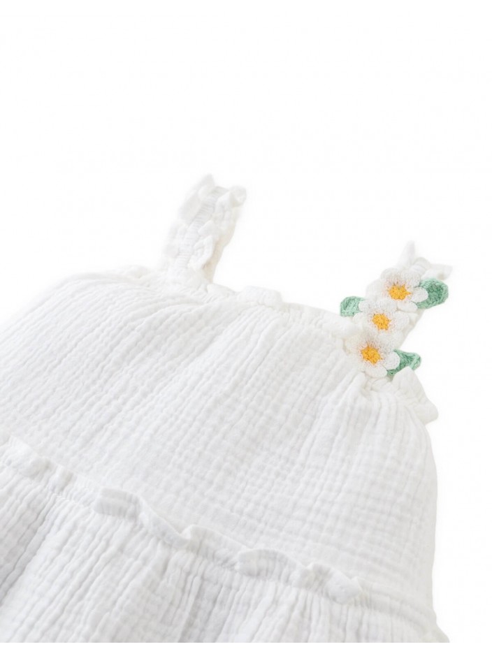 Cotton Muslin Dress with Daisy Crochet Appliqué