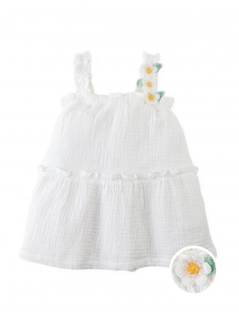 Cotton Muslin Dress with Daisy Crochet Appliqué