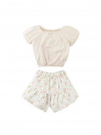 Floral Print Skort Set with Rosette Appliqué on Top