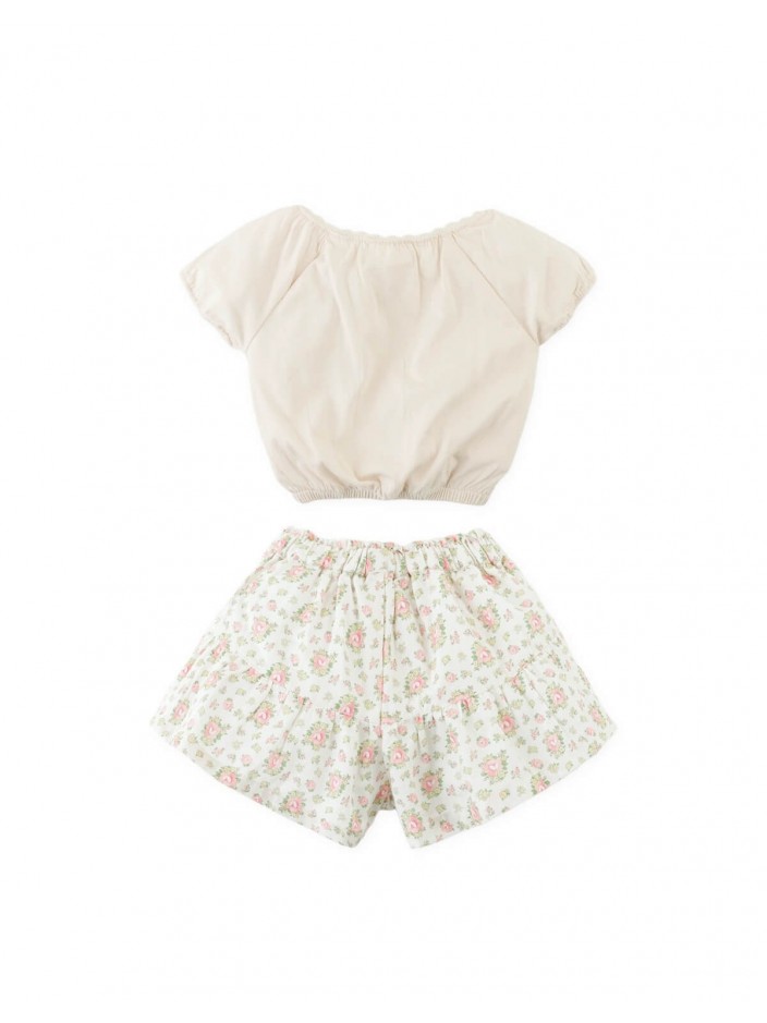 Floral Print Skort Set with Rosette Appliqué on Top