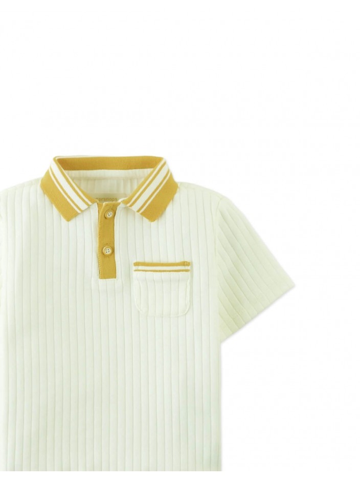 Baby Koa Ribbed Cotton Polo with Contrast Collar Stripes and Patch Pocket