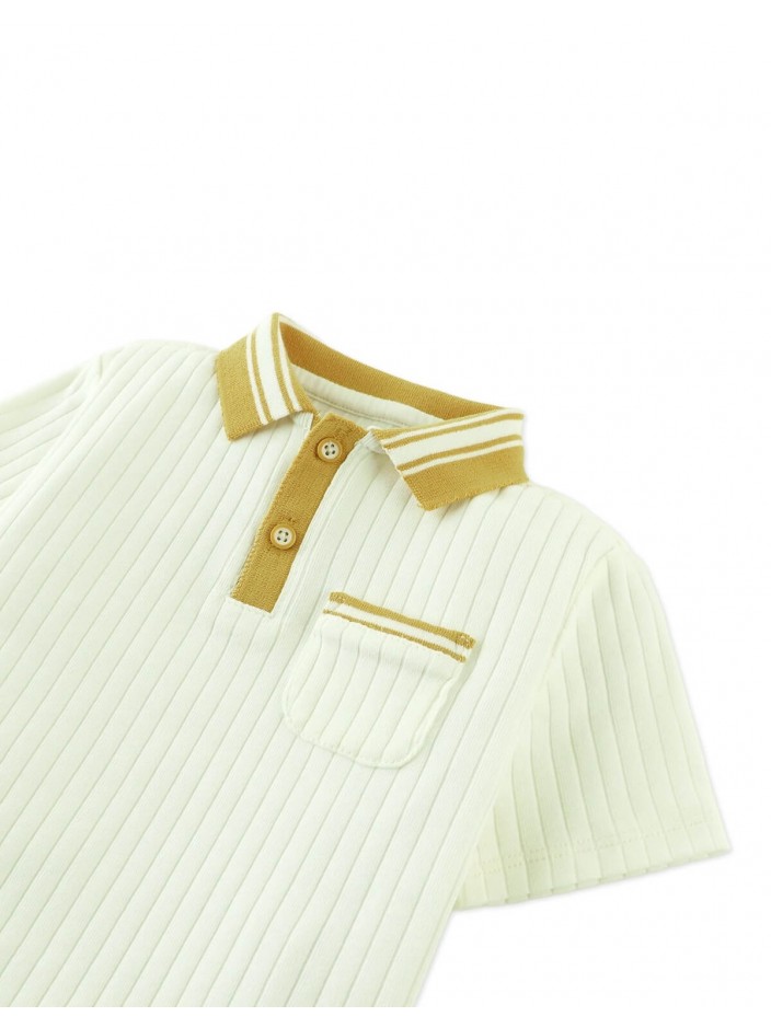 Baby Koa Ribbed Cotton Polo with Contrast Collar Stripes and Patch Pocket
