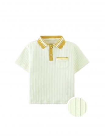 Baby Koa Ribbed Cotton Polo with Contrast Collar Stripes and Patch Pocket