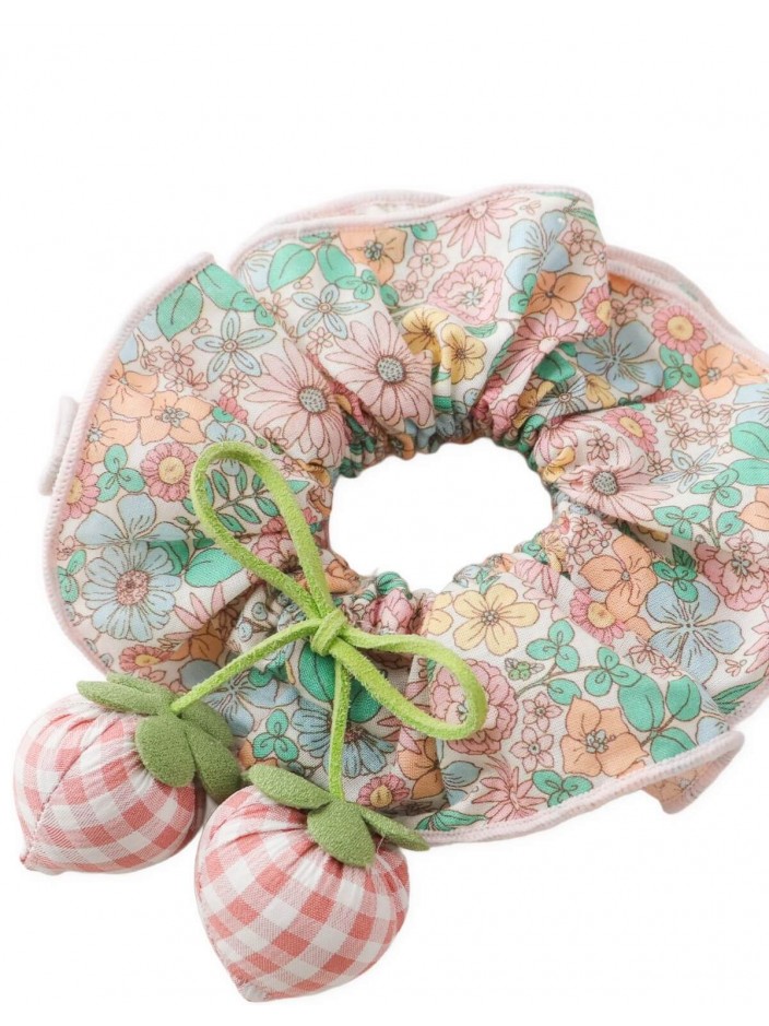 Zia Floral Scrunchie with Strawberry Appliqué