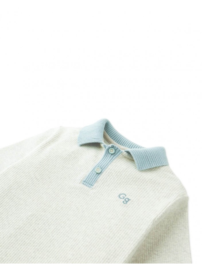Kiyoto Ribbed Pointelle Knit Polo with Contrast Details