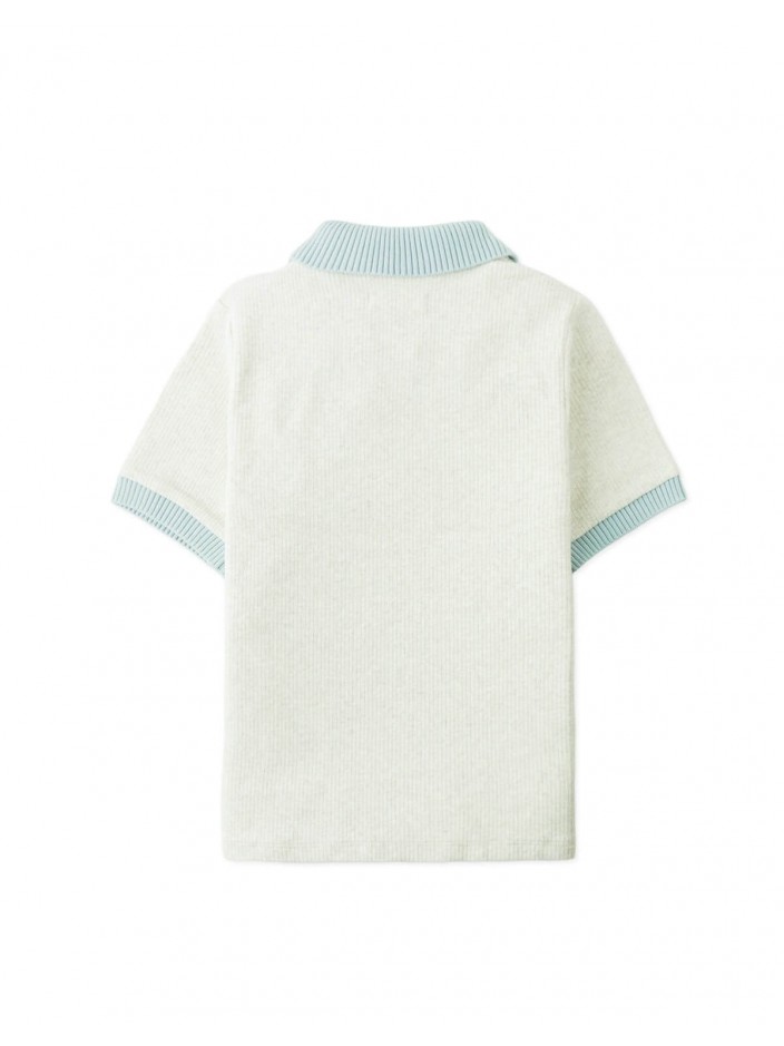 Kiyoto Ribbed Pointelle Knit Polo with Contrast Details