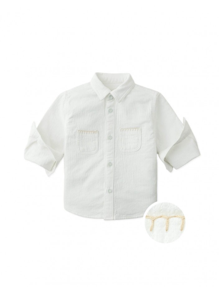 Baby Toru Long-Sleeve Embroidered Overshirt with Patch Pockets