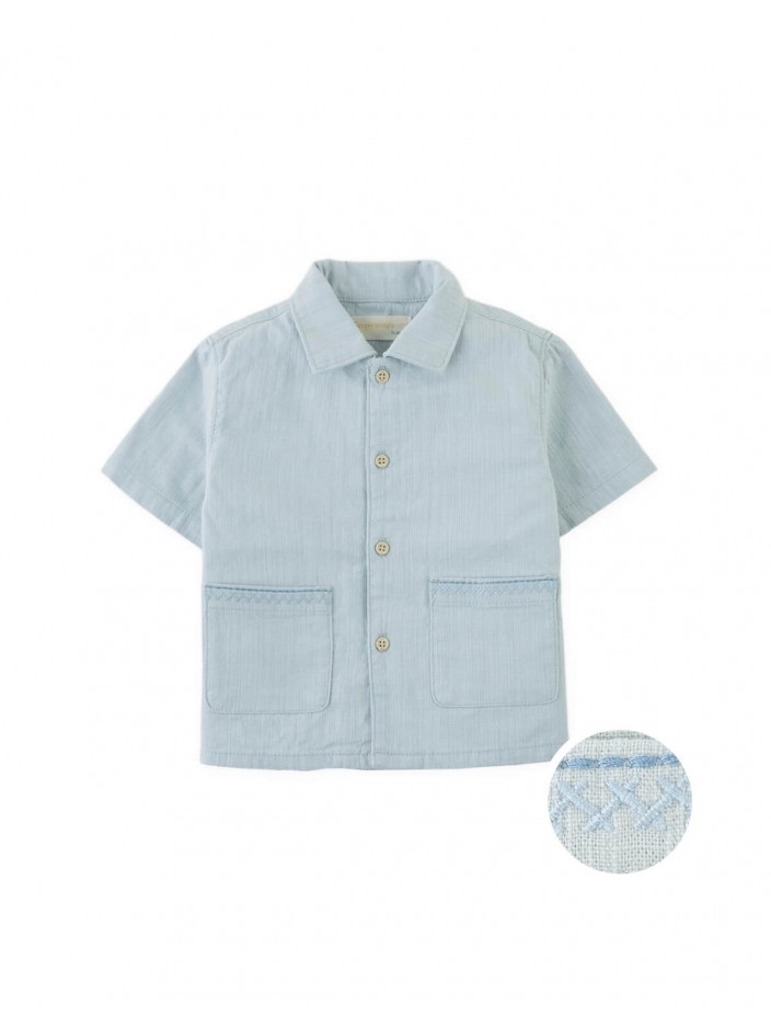 Baby Kaito Button-Up Shirt with Patch Pockets and Embroidered Border
