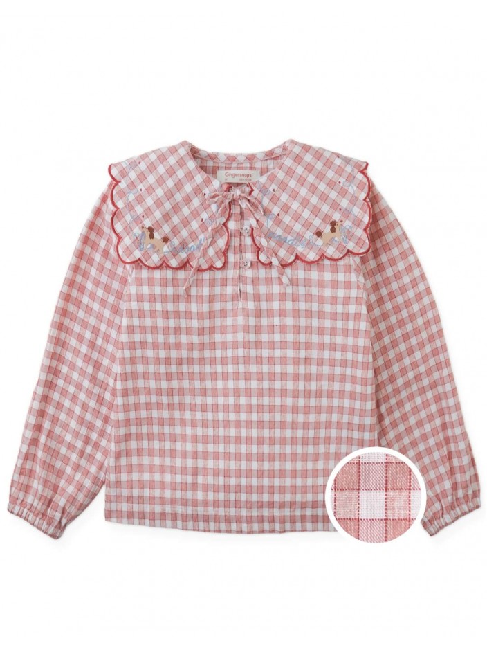 Gracia Checkered Blouse with Poodle Embroidery and Scalloped Sailor Collar