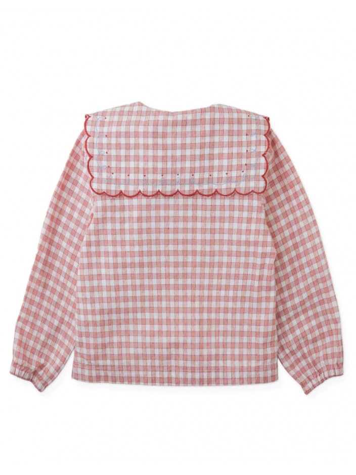 Gracia Checkered Blouse with Poodle Embroidery and Scalloped Sailor Collar