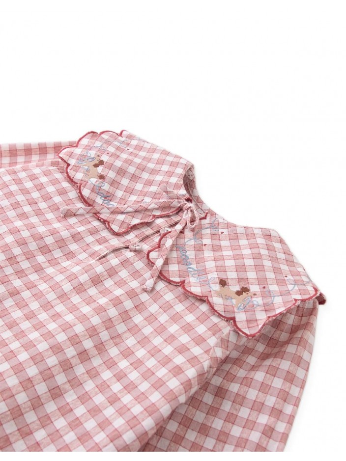 Gracia Checkered Blouse with Poodle Embroidery and Scalloped Sailor Collar