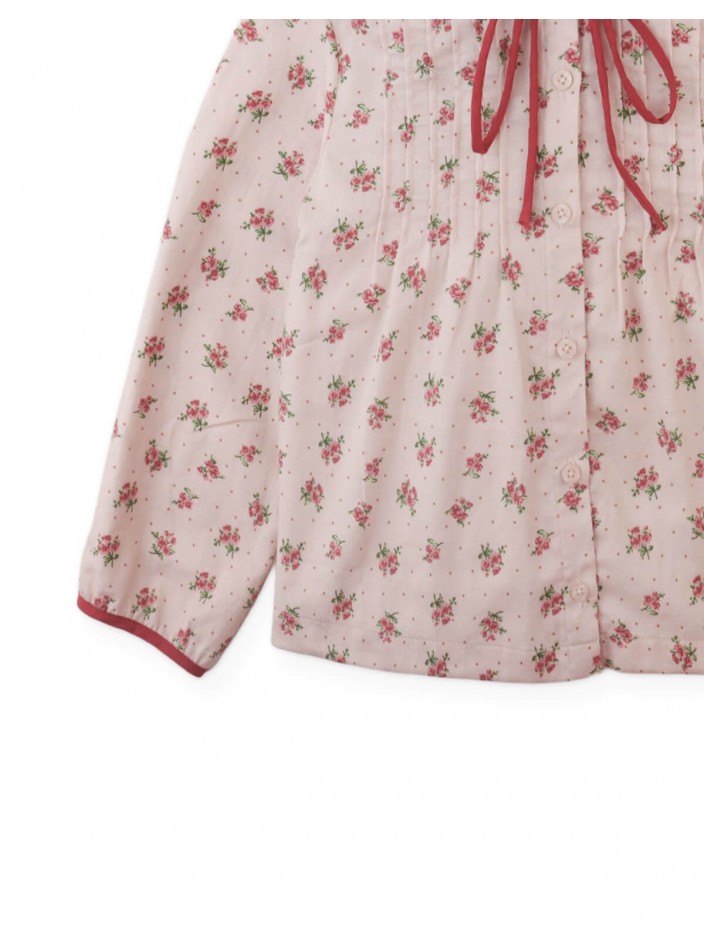 Caridad Blouse in Floral Print with Peter Pan Collar, Pintucks, and Contrasting Red Ties