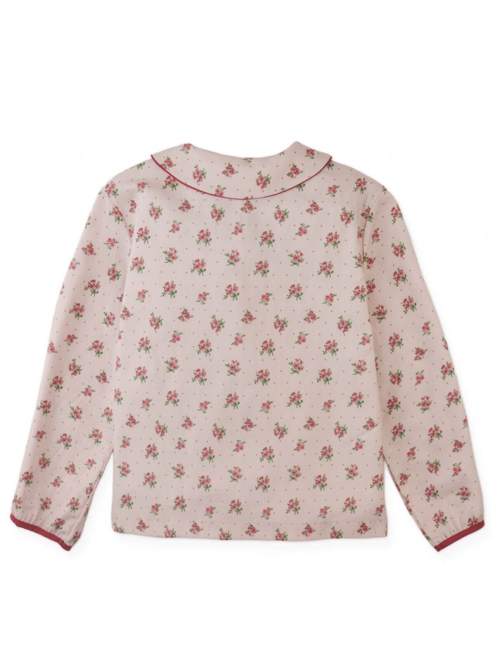 Caridad Blouse in Floral Print with Peter Pan Collar, Pintucks, and Contrasting Red Ties