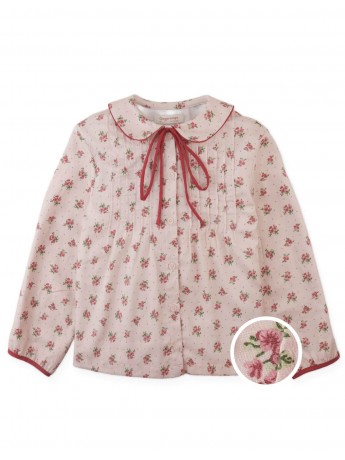 Caridad Blouse in Floral Print with Peter Pan Collar, Pintucks, and Contrasting Red Ties