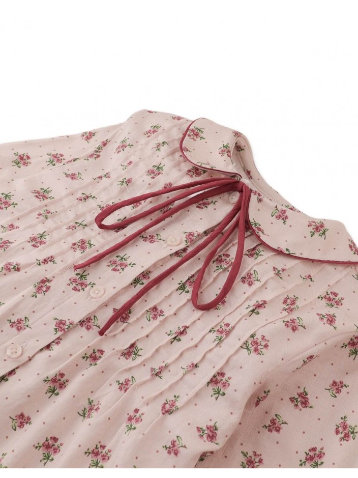 Caridad Blouse in Floral Print with Peter Pan Collar, Pintucks, and Contrasting Red Ties