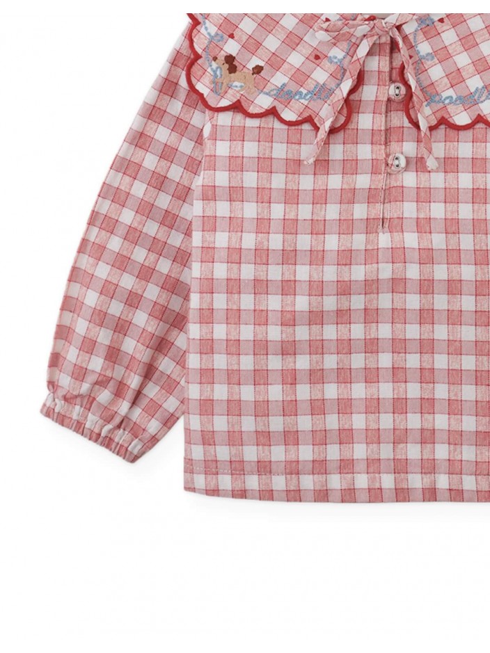 Baby Gracia Checkered Blouse with Poodle Embroidery and Scalloped Sailor Collar