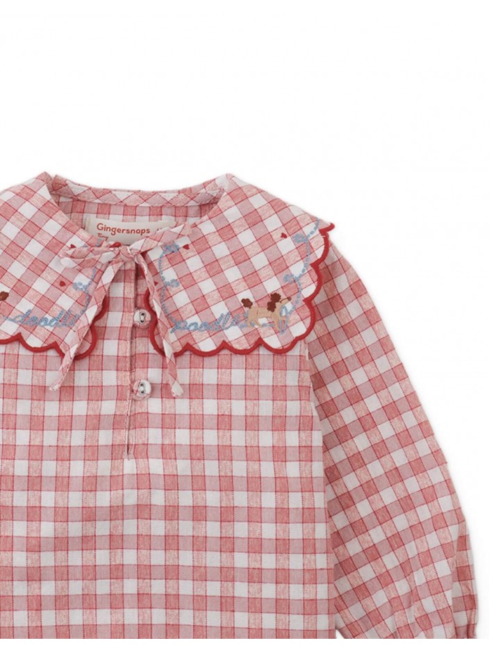 Baby Gracia Checkered Blouse with Poodle Embroidery and Scalloped Sailor Collar